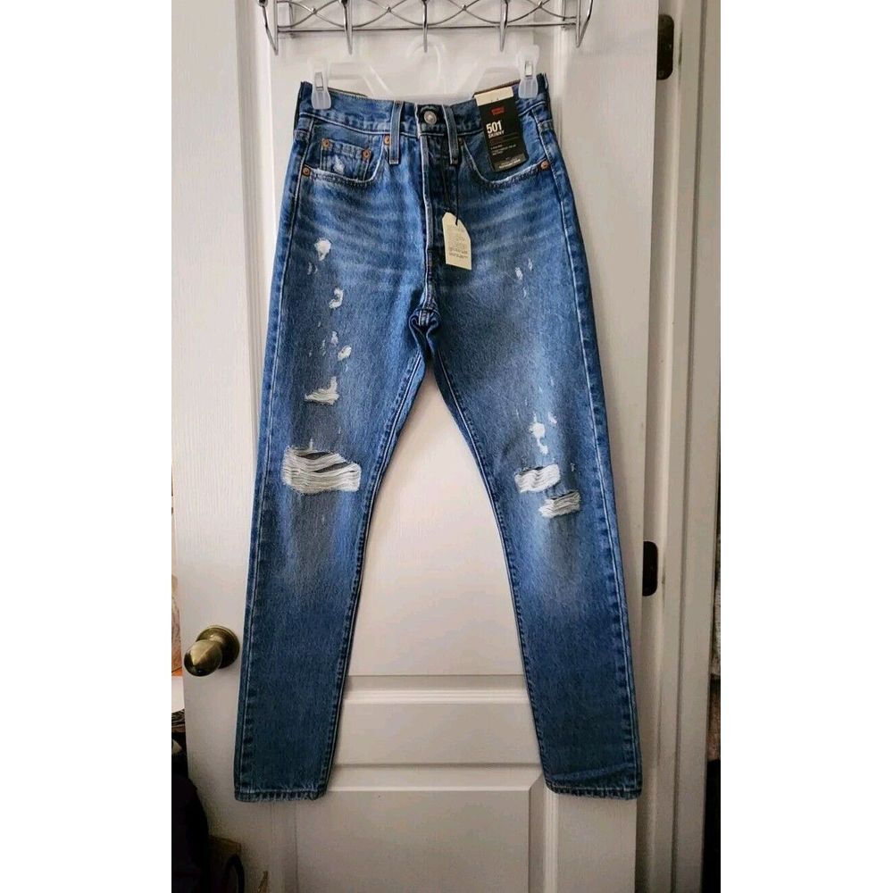 Levis 501 Women's Skinny Blue Jeans Pants High-Rise‎ Distressed Size 24×30